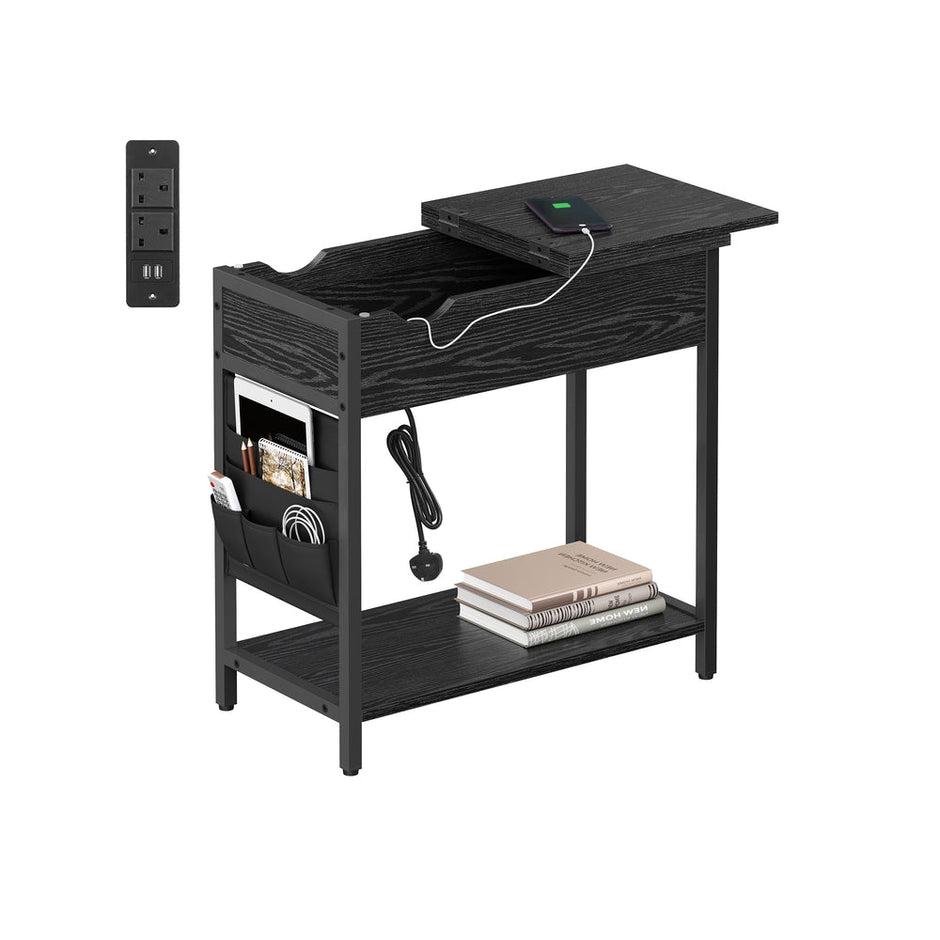 Slim Side Table – Wood and Metal – Rustic Brown and Black – Features Charging Station with USB Ports and Storage Bags