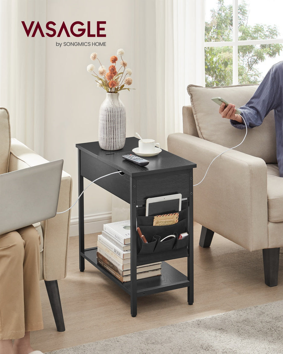 Slim Side Table – Wood and Metal – Rustic Brown and Black – Features Charging Station with USB Ports and Storage Bags