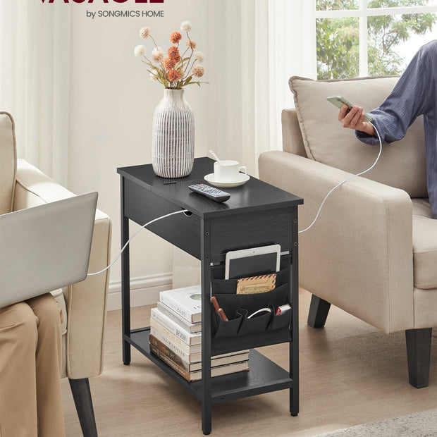 Slim Side Table – Wood and Metal – Rustic Brown and Black – Features Charging Station with USB Ports and Storage Bags