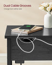 Slim Side Table – Wood and Metal – Rustic Brown and Black – Features Charging Station with USB Ports and Storage Bags