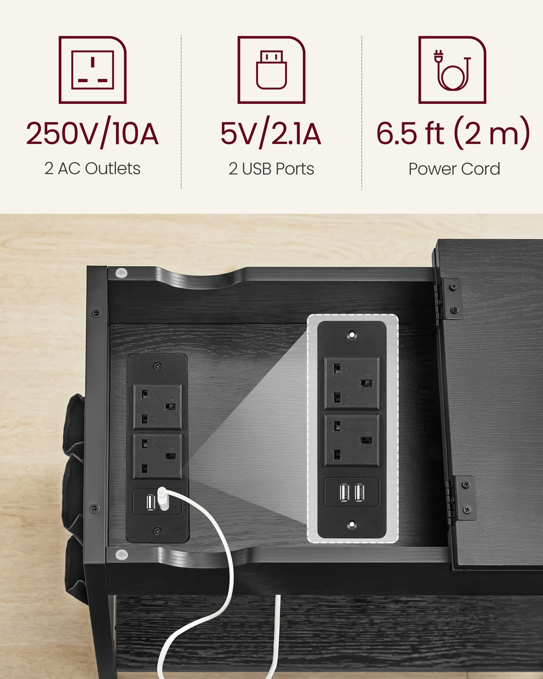 Slim Side Table – Wood and Metal – Rustic Brown and Black – Features Charging Station with USB Ports and Storage Bags