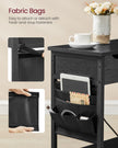 Slim Side Table – Wood and Metal – Rustic Brown and Black – Features Charging Station with USB Ports and Storage Bags