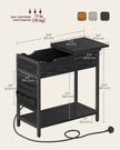 Slim Side Table – Wood and Metal – Rustic Brown and Black – Features Charging Station with USB Ports and Storage Bags