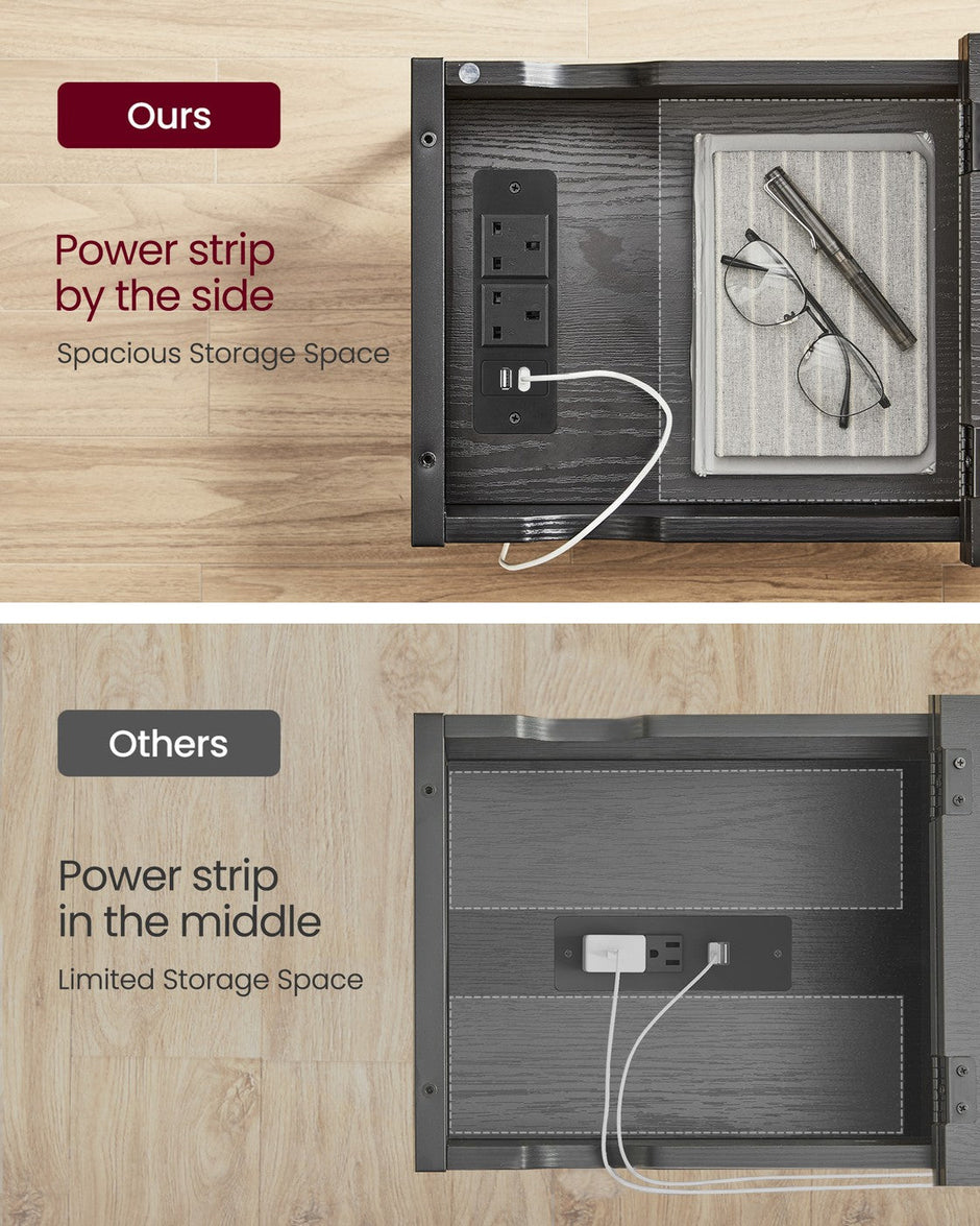 Slim Side Table – Wood and Metal – Rustic Brown and Black – Features Charging Station with USB Ports and Storage Bags