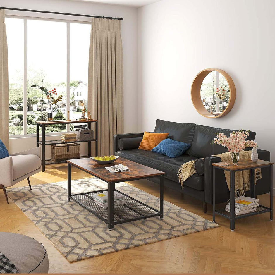 Sofa Table – Iron – Rustic Brown – Narrow Design with Mesh Shelf