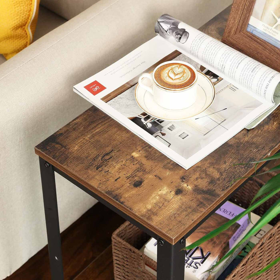 Sofa Table – Iron – Rustic Brown – Narrow Design with Mesh Shelf