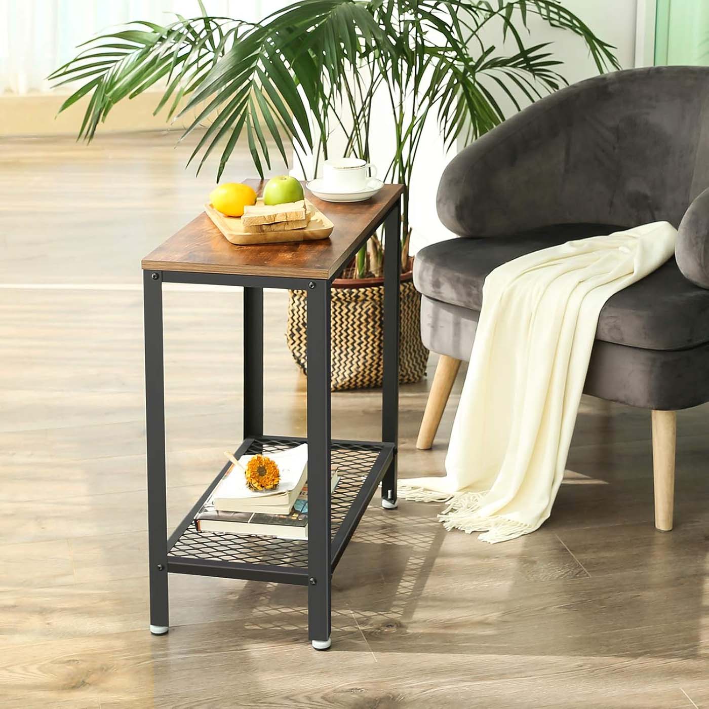 Sofa Table – Iron – Rustic Brown – Narrow Design with Mesh Shelf