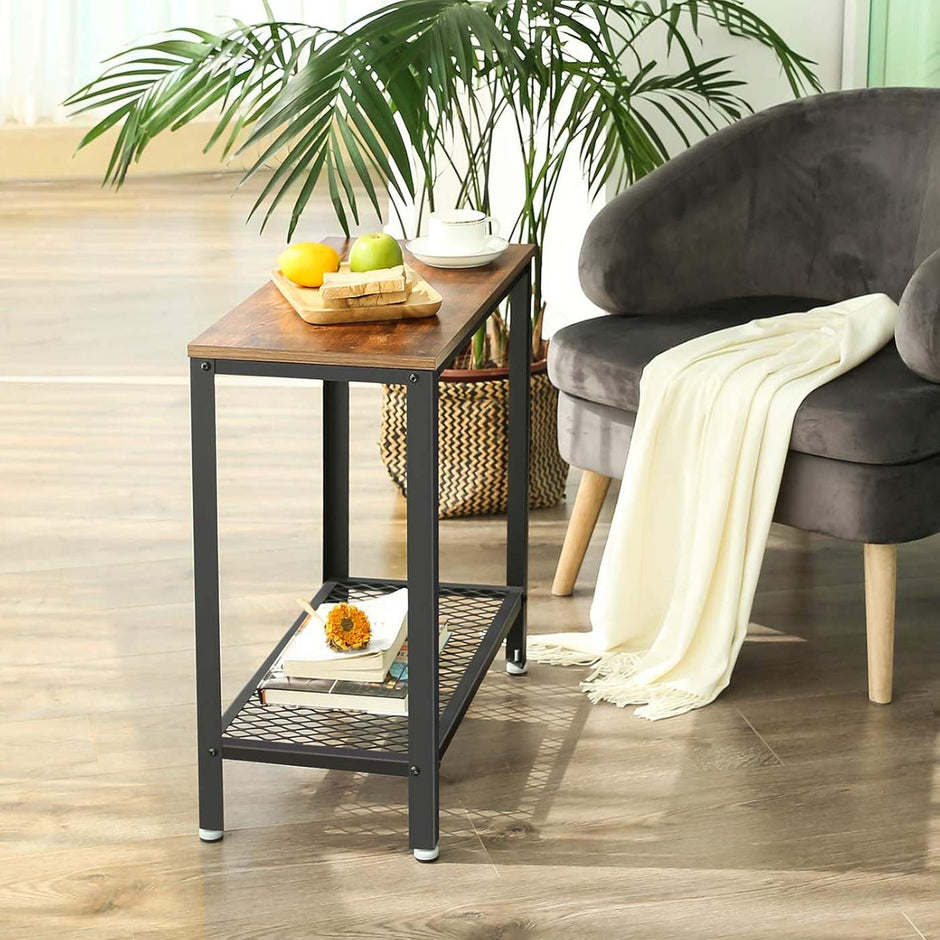 Sofa Table – Iron – Rustic Brown – Narrow Design with Mesh Shelf