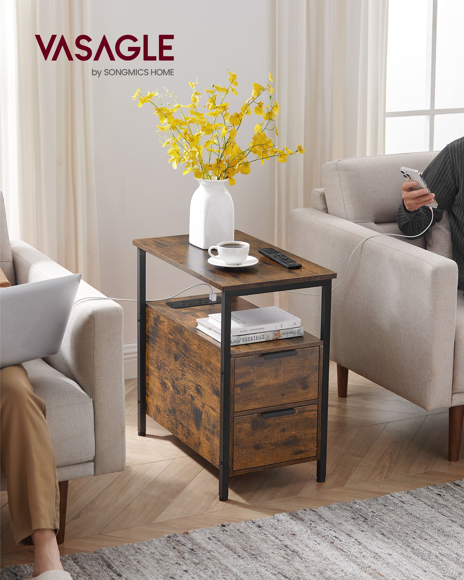 Slim Side Table – Wood – Rustic Brown and Classic Black – Charging Station with 2 Drawers