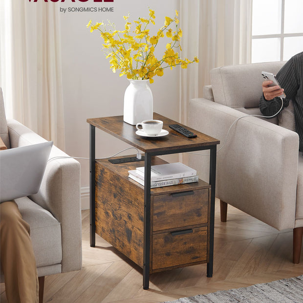 Slim Side Table – Wood – Rustic Brown and Classic Black – Charging Station with 2 Drawers
