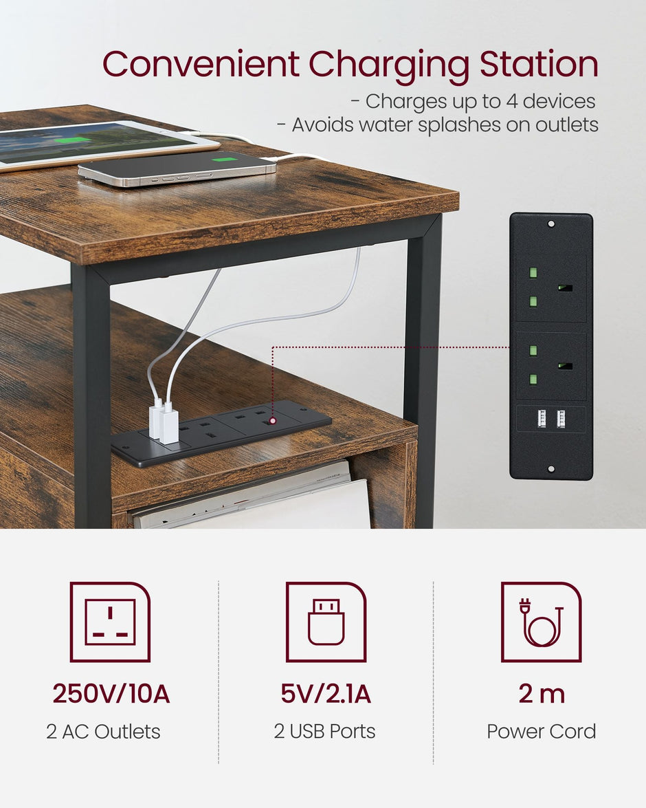 Slim Side Table – Wood – Rustic Brown and Classic Black – Charging Station with 2 Drawers