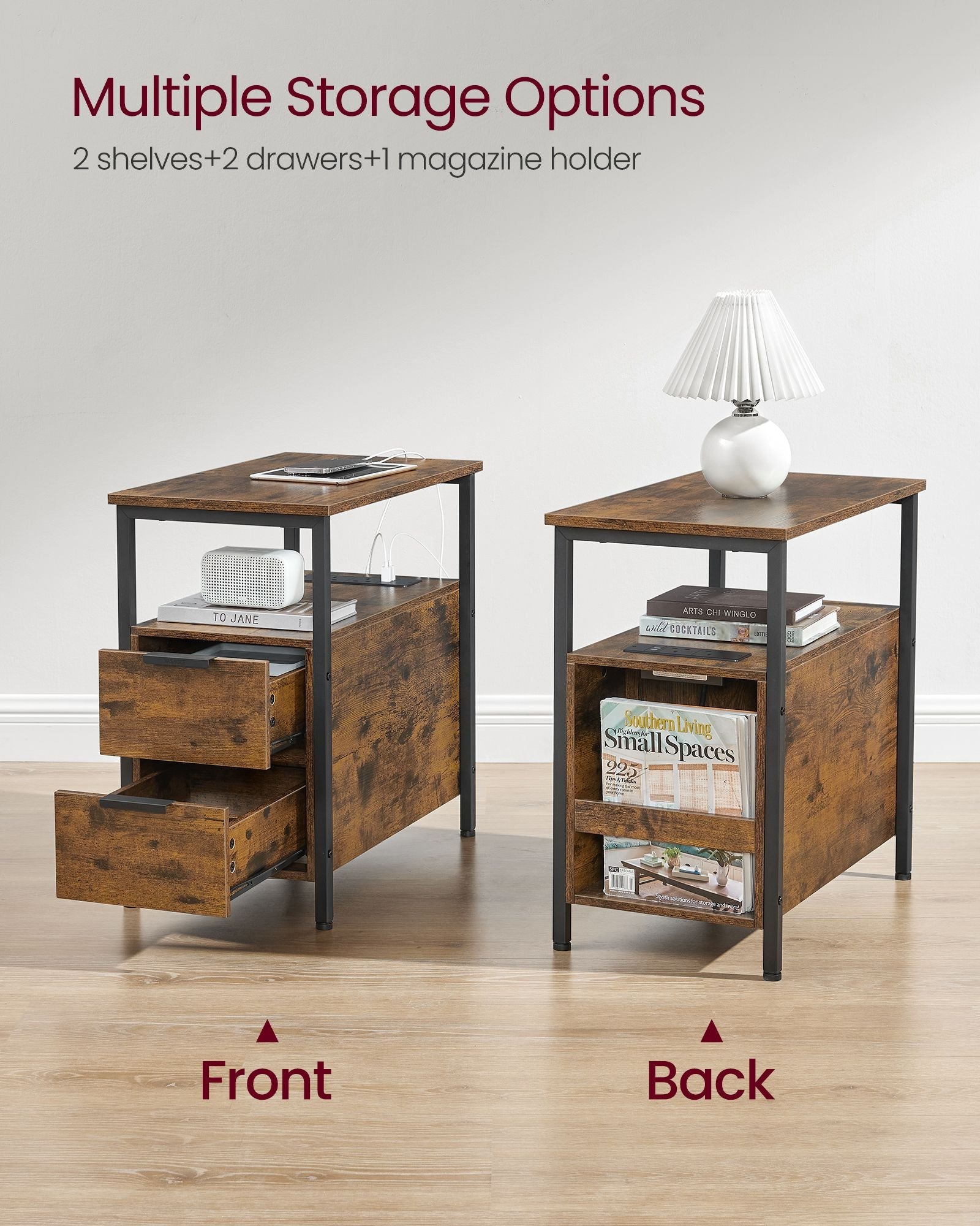 Slim Side Table – Wood – Rustic Brown and Classic Black – Charging Station with 2 Drawers