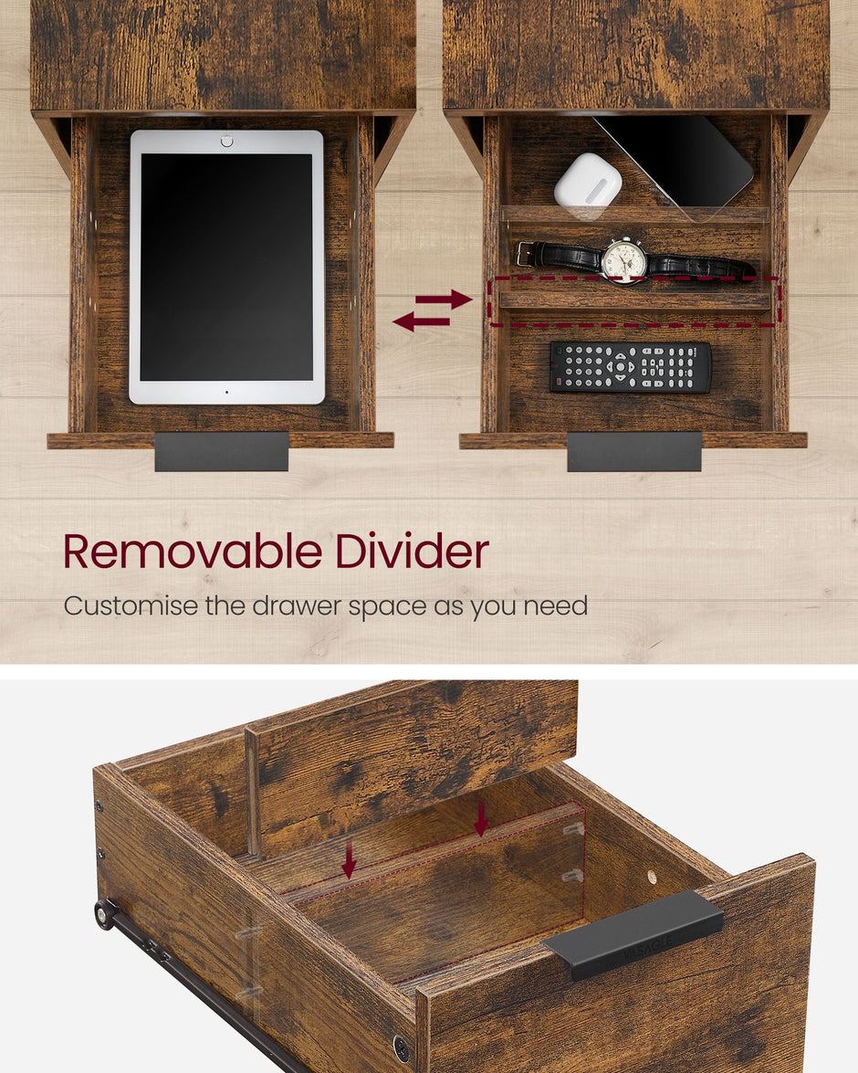 Slim Side Table – Wood – Rustic Brown and Classic Black – Charging Station with 2 Drawers