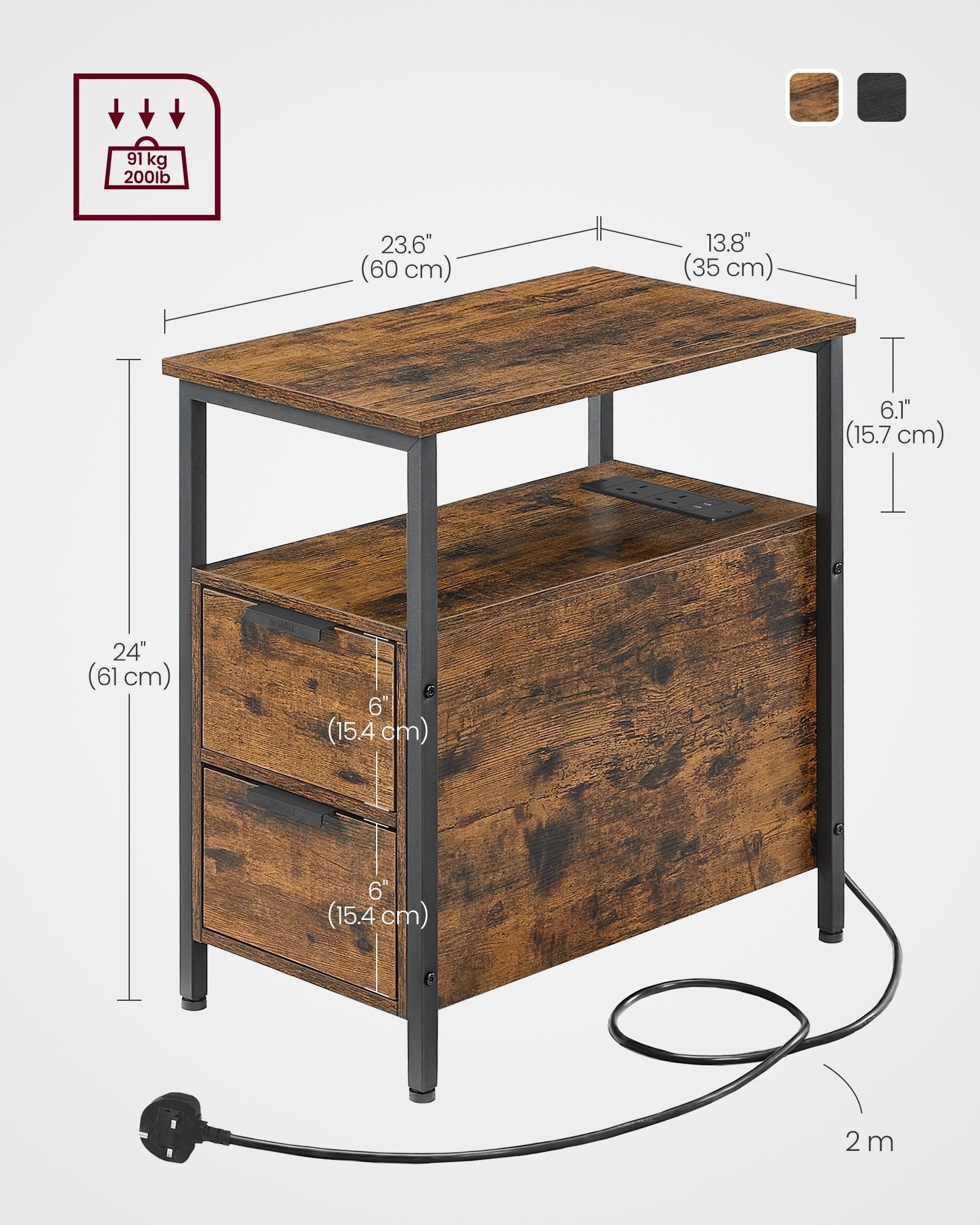 Slim Side Table – Wood – Rustic Brown and Classic Black – Charging Station with 2 Drawers