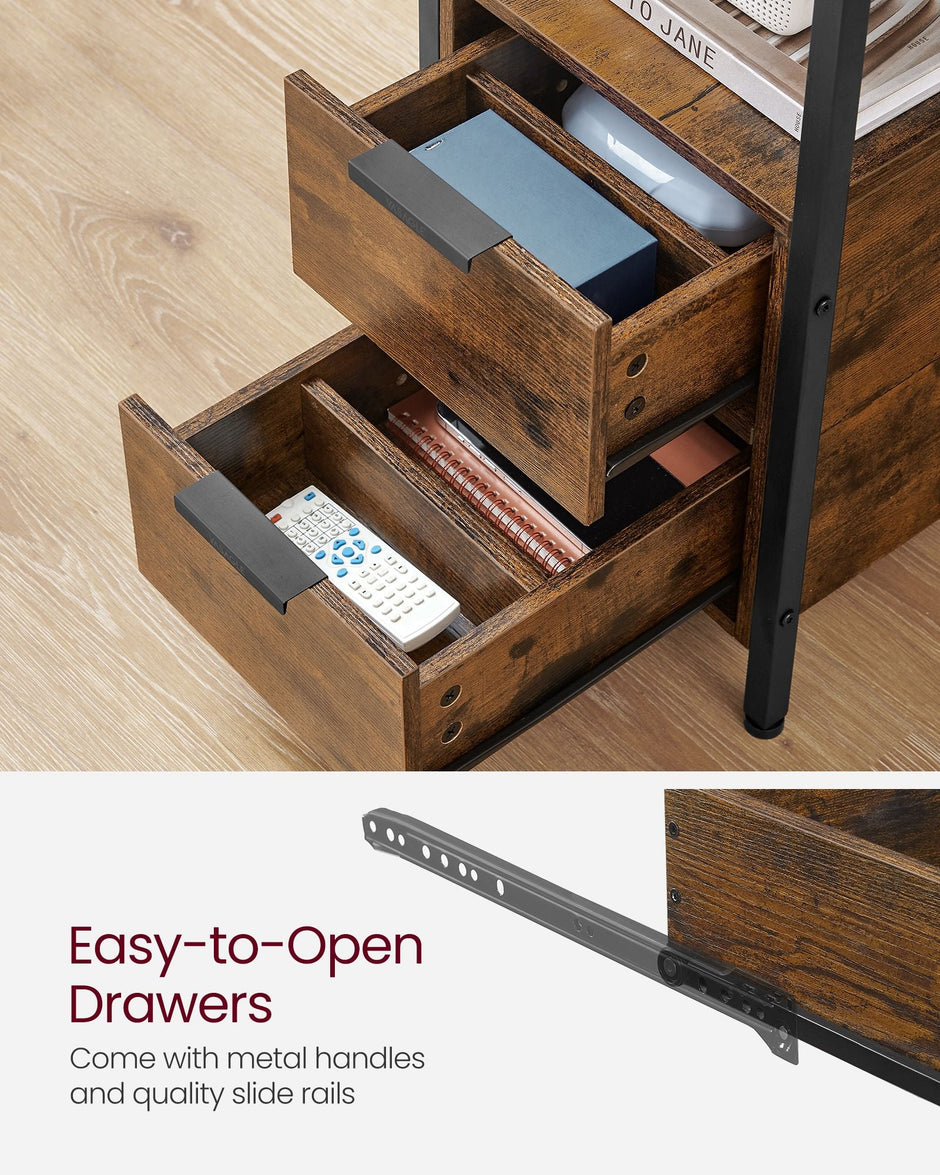 Slim Side Table – Wood – Rustic Brown and Classic Black – Charging Station with 2 Drawers