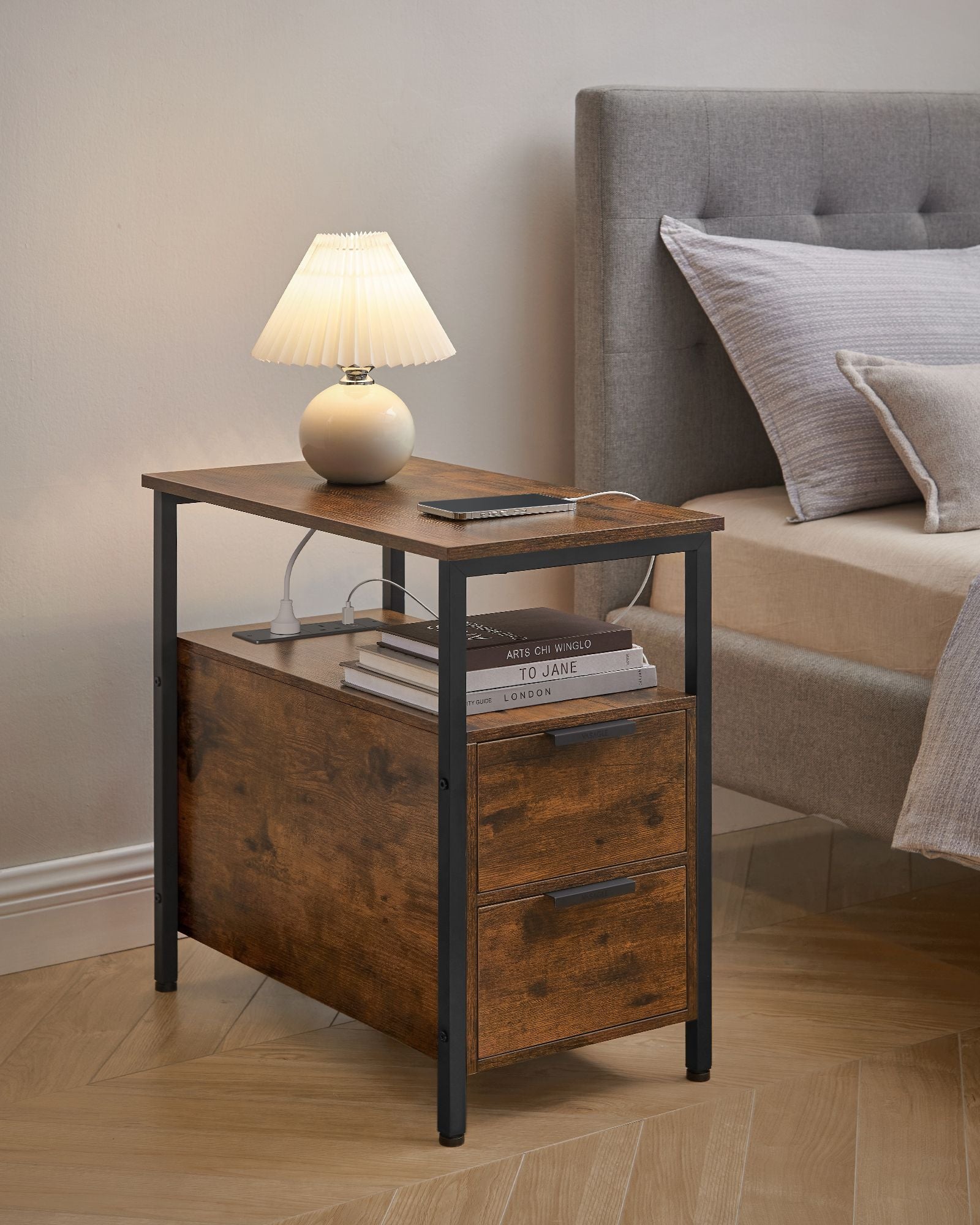 Slim Side Table – Wood – Rustic Brown and Classic Black – Charging Station with 2 Drawers