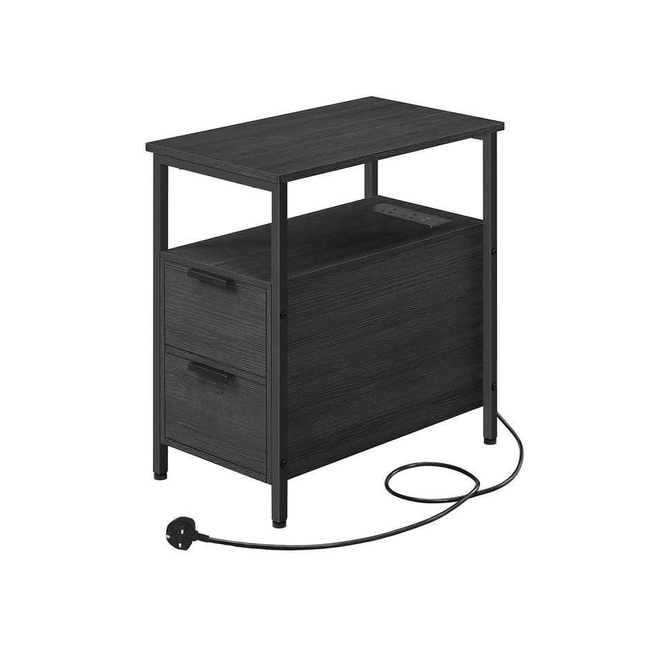 Slim Side Table – Wood – Rustic Brown and Classic Black – Charging Station with 2 Drawers
