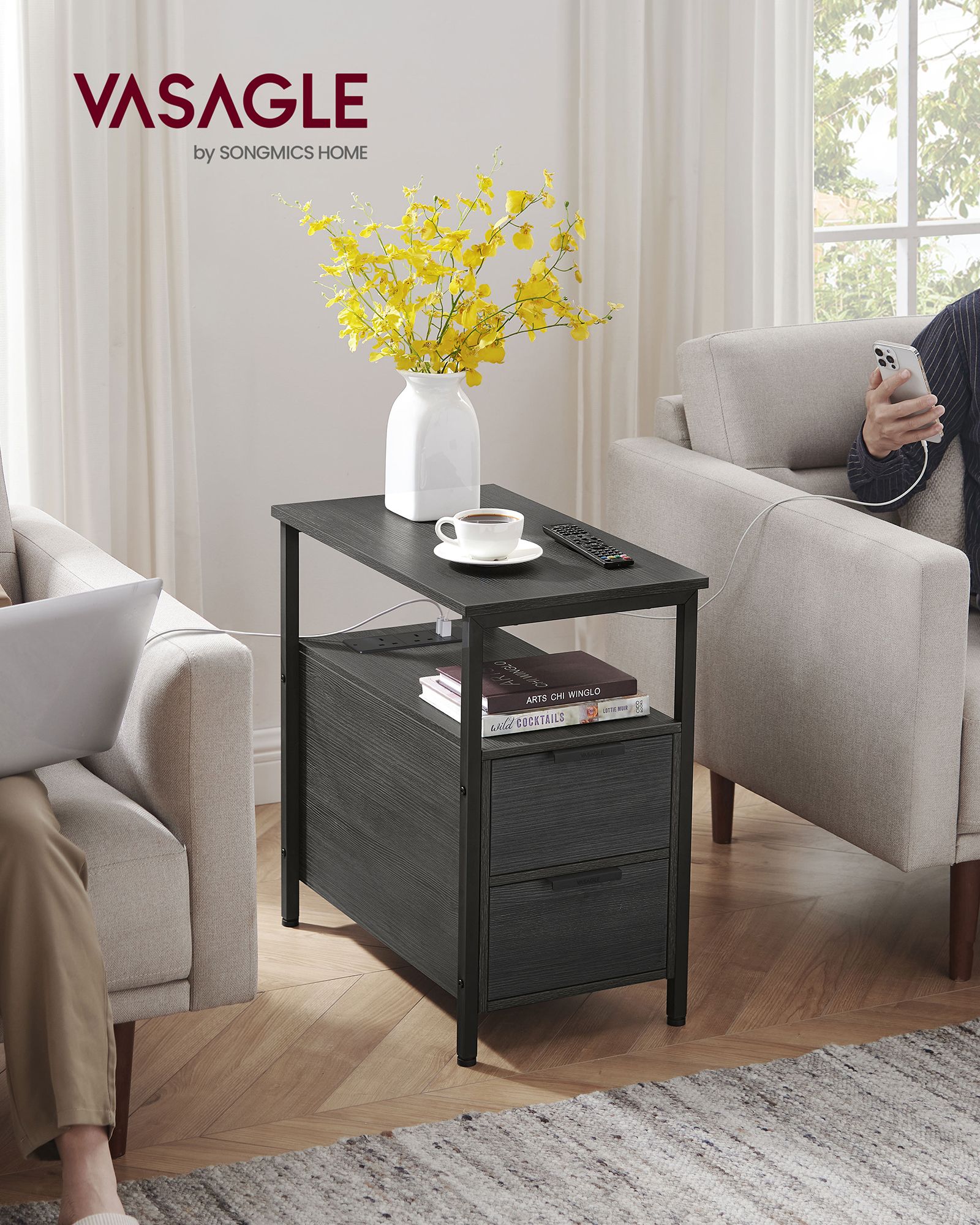 Slim Side Table – Wood – Rustic Brown and Classic Black – Charging Station with 2 Drawers
