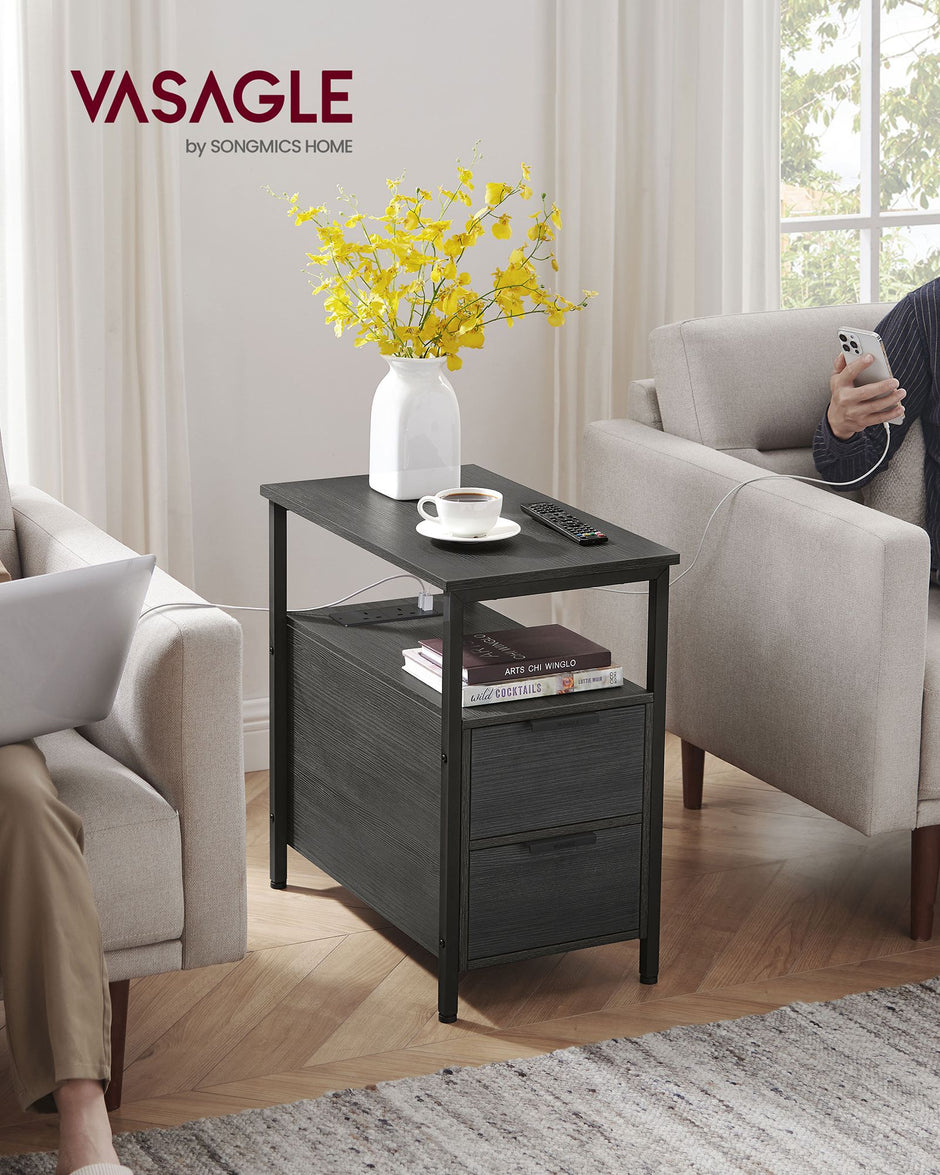 Slim Side Table – Wood – Rustic Brown and Classic Black – Charging Station with 2 Drawers
