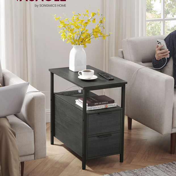 Slim Side Table – Wood – Rustic Brown and Classic Black – Charging Station with 2 Drawers