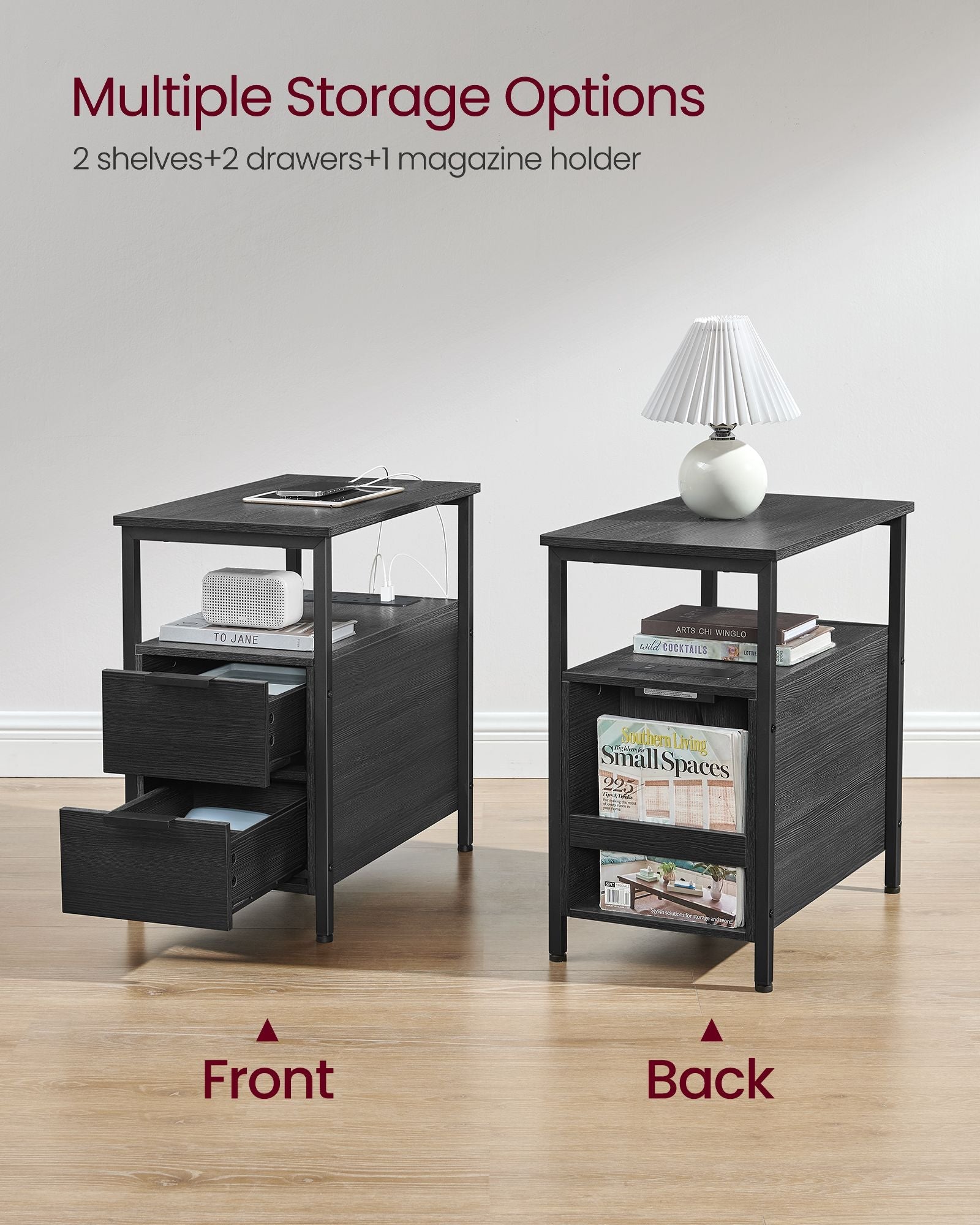 Slim Side Table – Wood – Rustic Brown and Classic Black – Charging Station with 2 Drawers