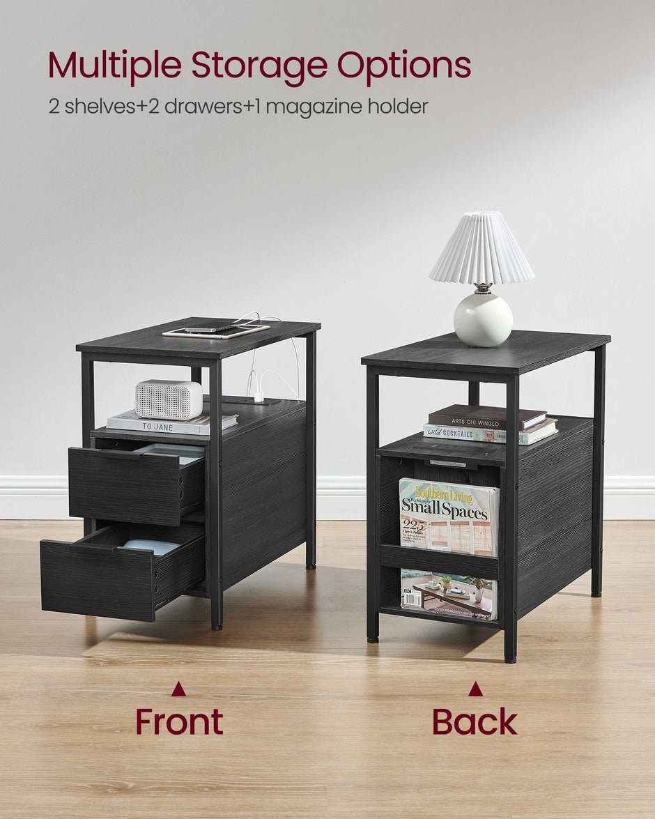 Slim Side Table – Wood – Rustic Brown and Classic Black – Charging Station with 2 Drawers