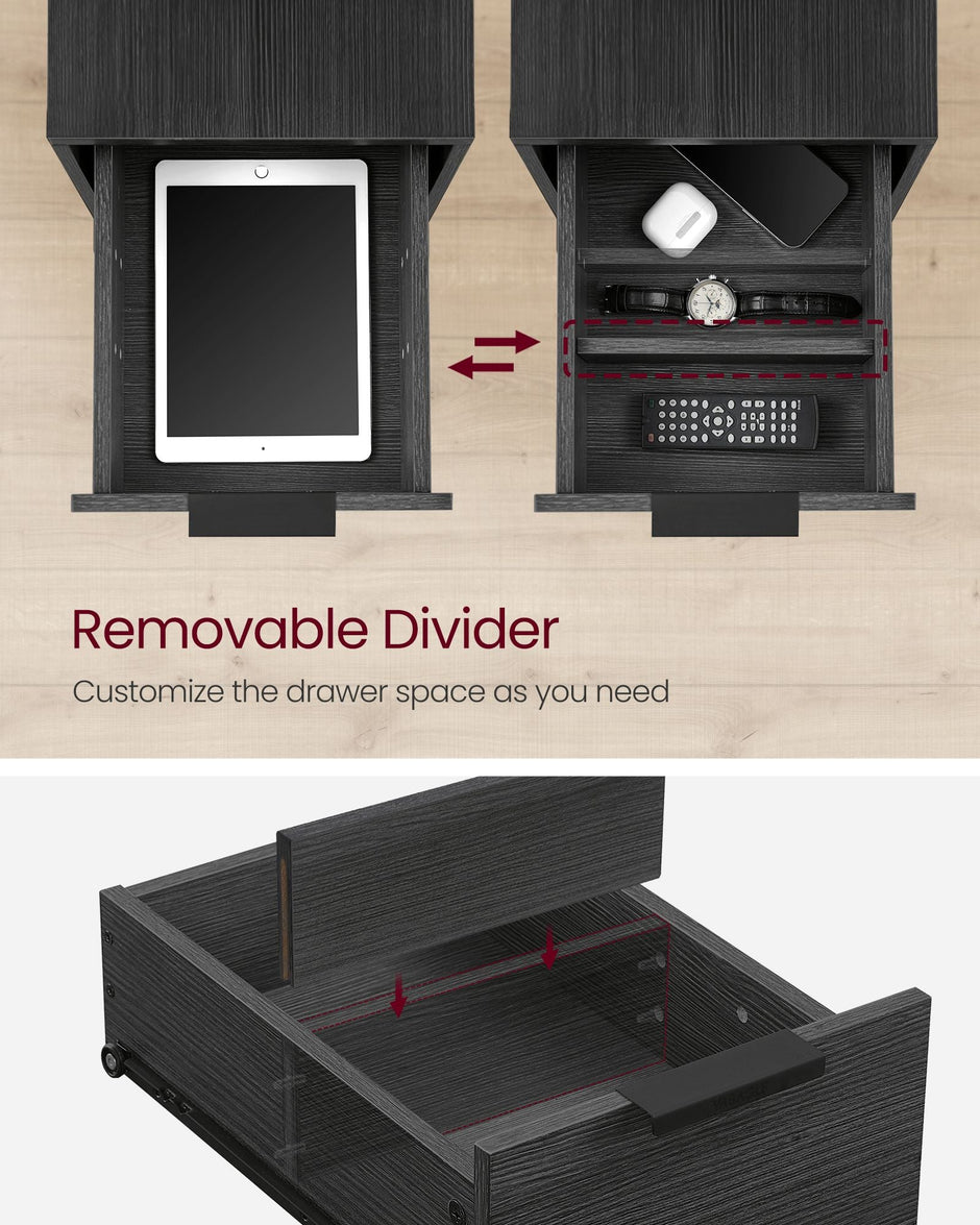 Slim Side Table – Wood – Rustic Brown and Classic Black – Charging Station with 2 Drawers