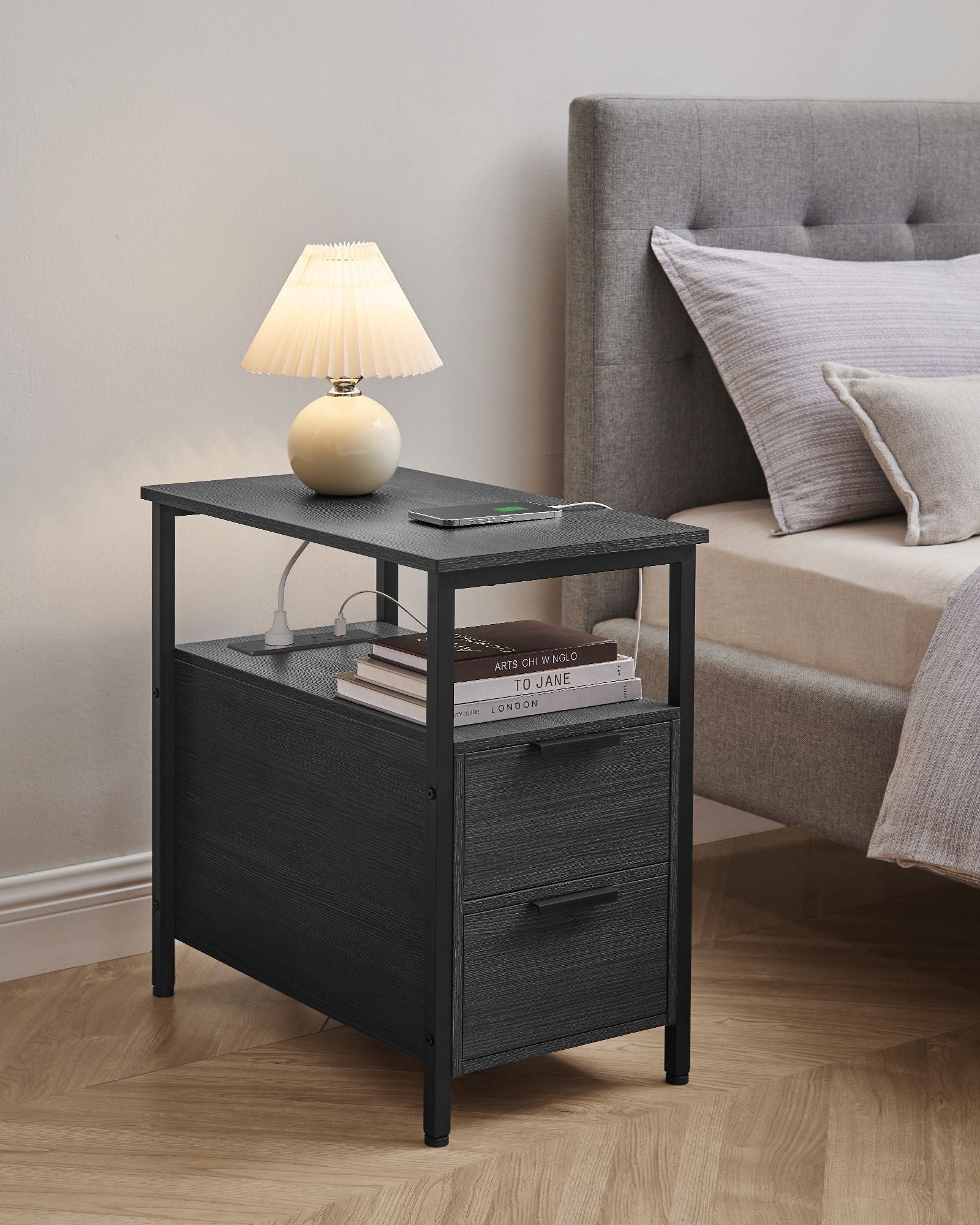 Slim Side Table – Wood – Rustic Brown and Classic Black – Charging Station with 2 Drawers