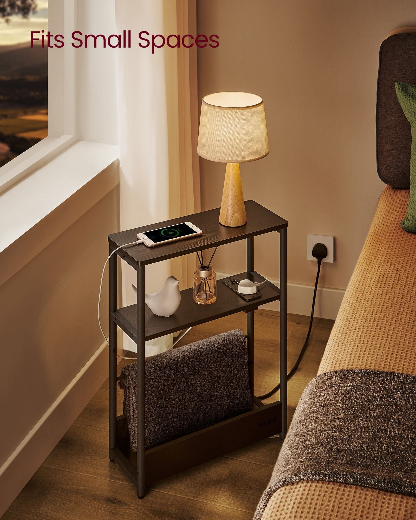 3-Tier Slim Side Table – Wood – Ebony Black and Ink Black – Charging Station and Magazine Rack