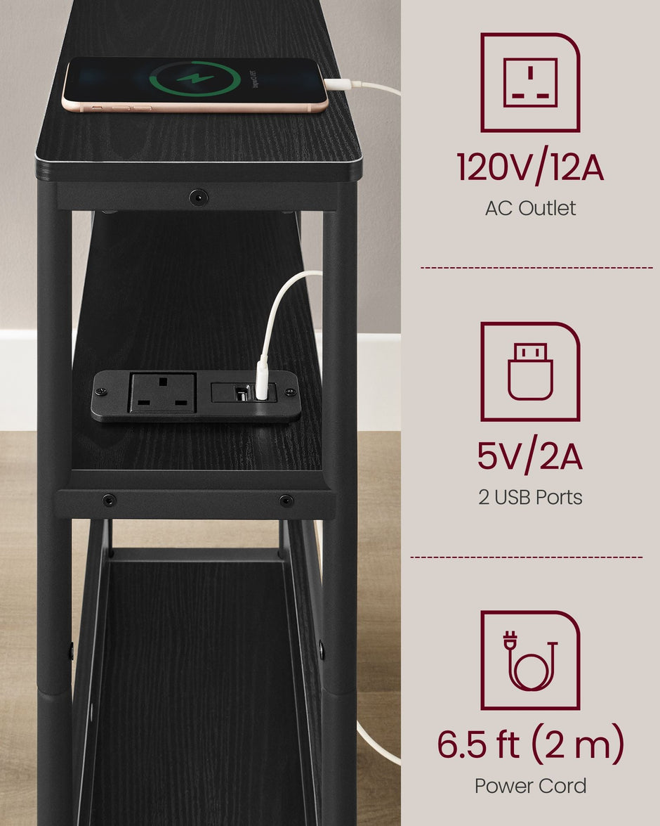3-Tier Slim Side Table – Wood – Ebony Black and Ink Black – Charging Station and Magazine Rack