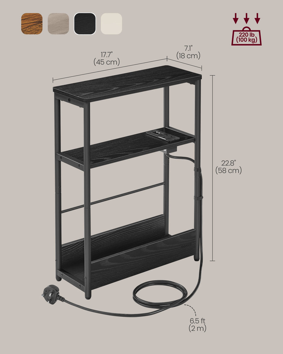 3-Tier Slim Side Table – Wood – Ebony Black and Ink Black – Charging Station and Magazine Rack