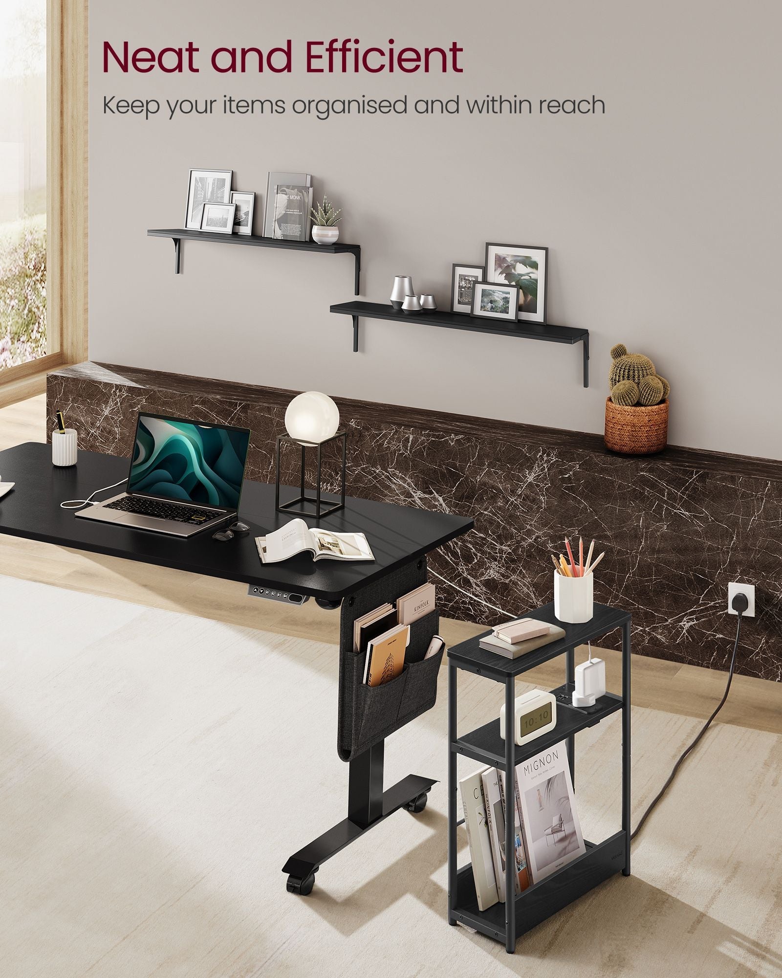 3-Tier Slim Side Table – Wood – Ebony Black and Ink Black – Charging Station and Magazine Rack