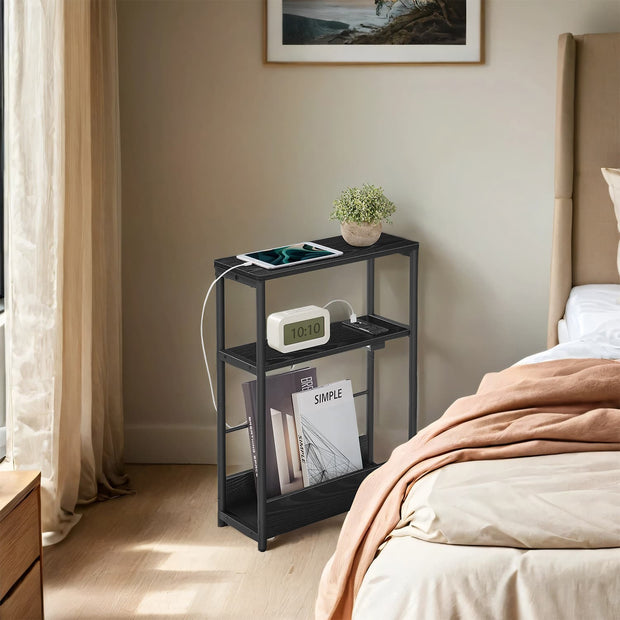 3-Tier Narrow Bedside Table – Wood – Black – Compact Design with Charging Station and Magazine Rack
