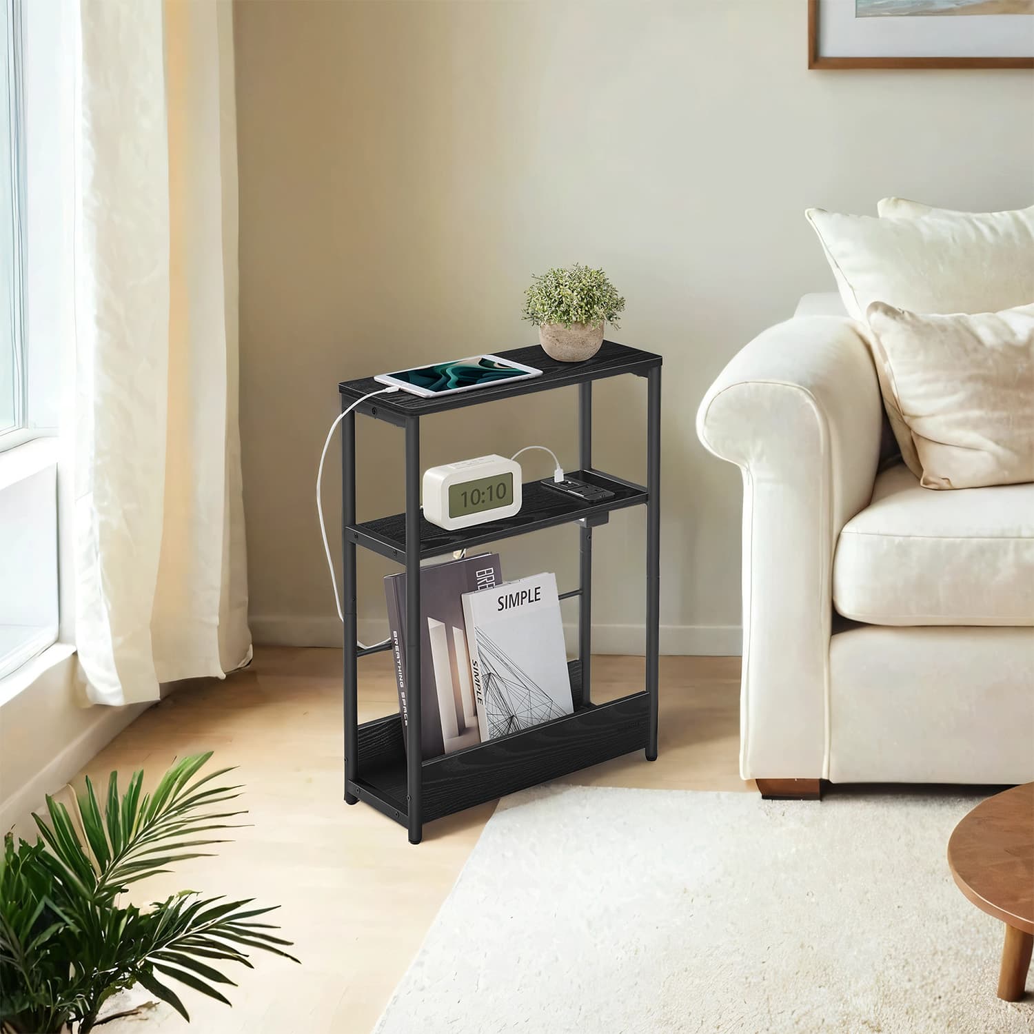 3-Tier Narrow Bedside Table – Wood – Black – Compact Design with Charging Station and Magazine Rack