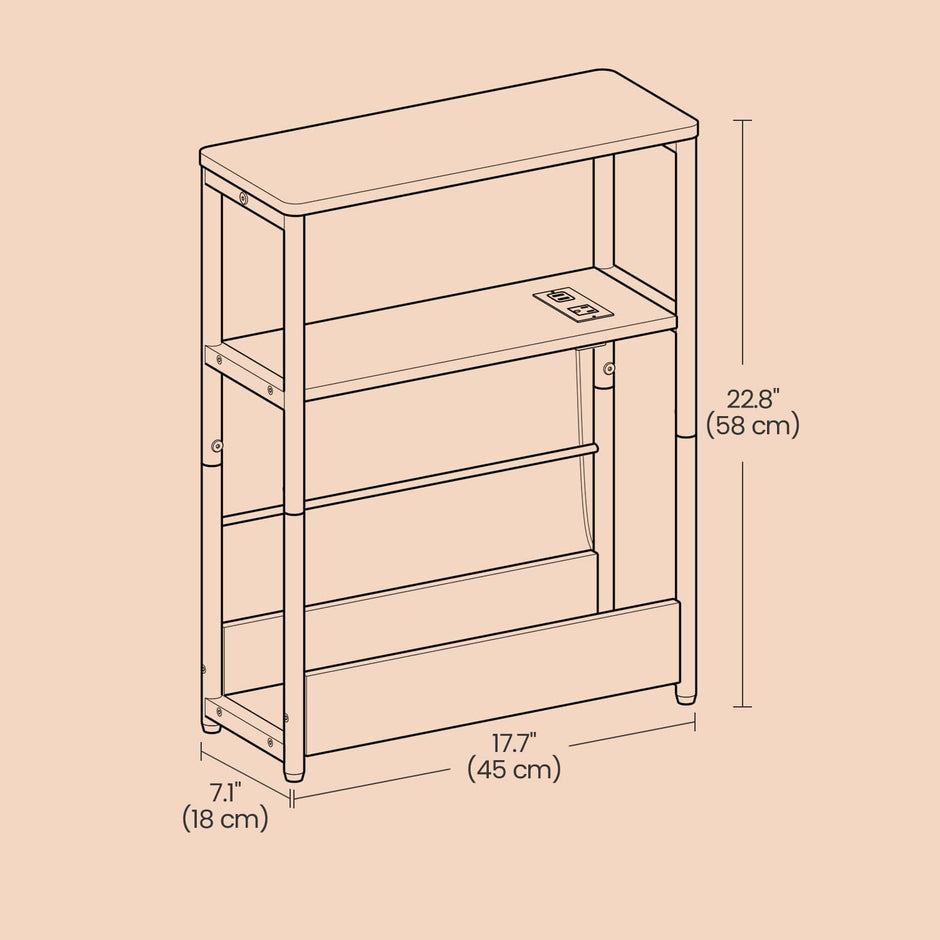 3-Tier Narrow Bedside Table – Wood – Black – Compact Design with Charging Station and Magazine Rack