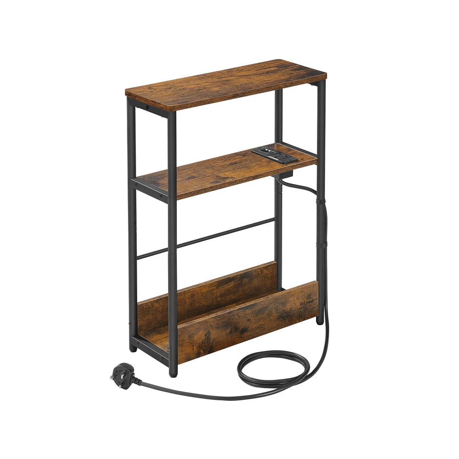 3-Tier Slim Side Table – Wood – Rustic Brown and Ink Black – Includes Charging Station and Magazine Rack