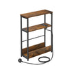 3-Tier Slim Side Table – Wood – Rustic Brown and Ink Black – Includes Charging Station and Magazine Rack