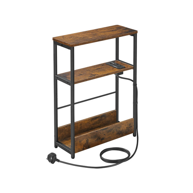 3-Tier Slim Side Table – Wood – Rustic Brown and Ink Black – Includes Charging Station and Magazine Rack