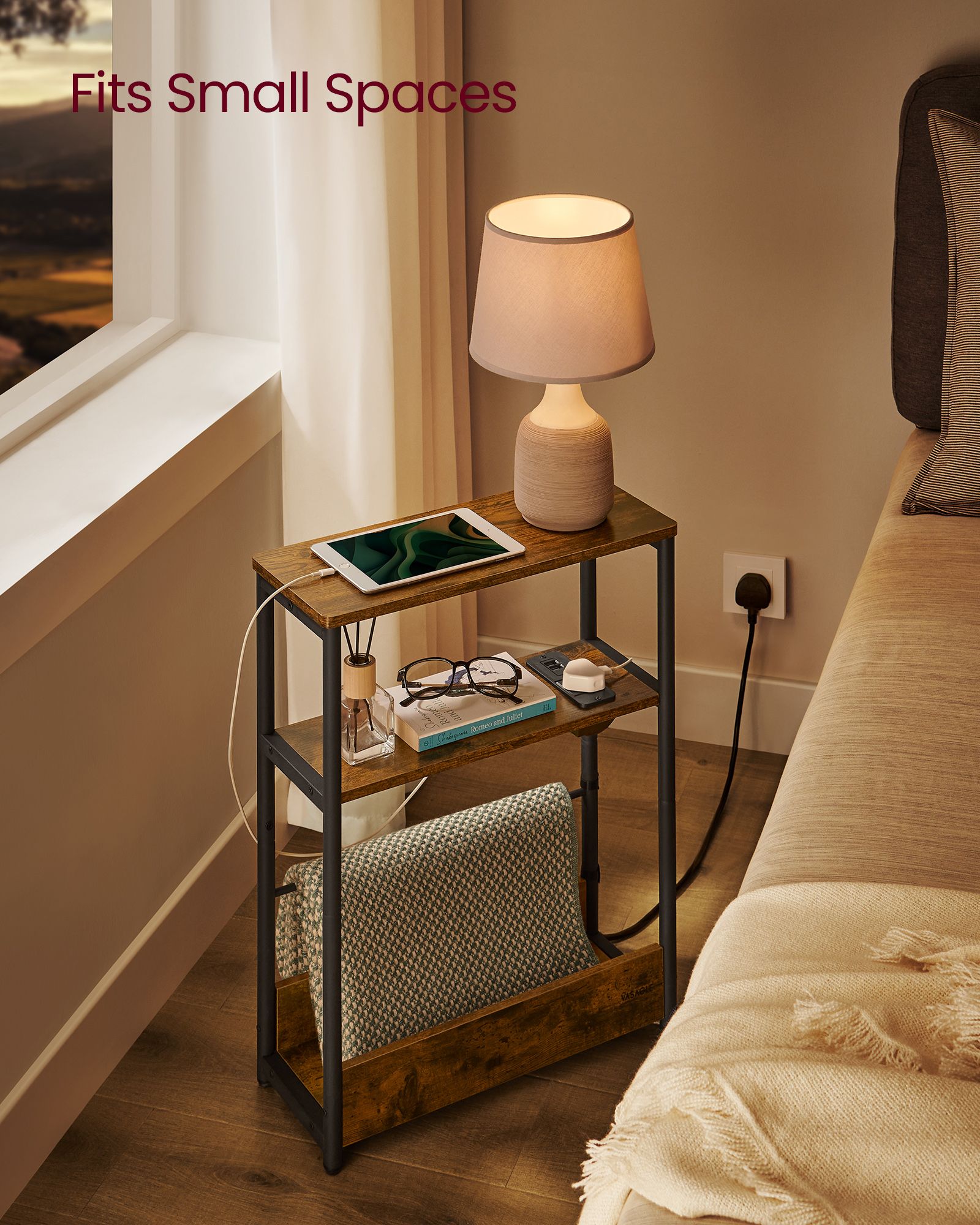 3-Tier Slim Side Table – Wood – Rustic Brown and Ink Black – Includes Charging Station and Magazine Rack