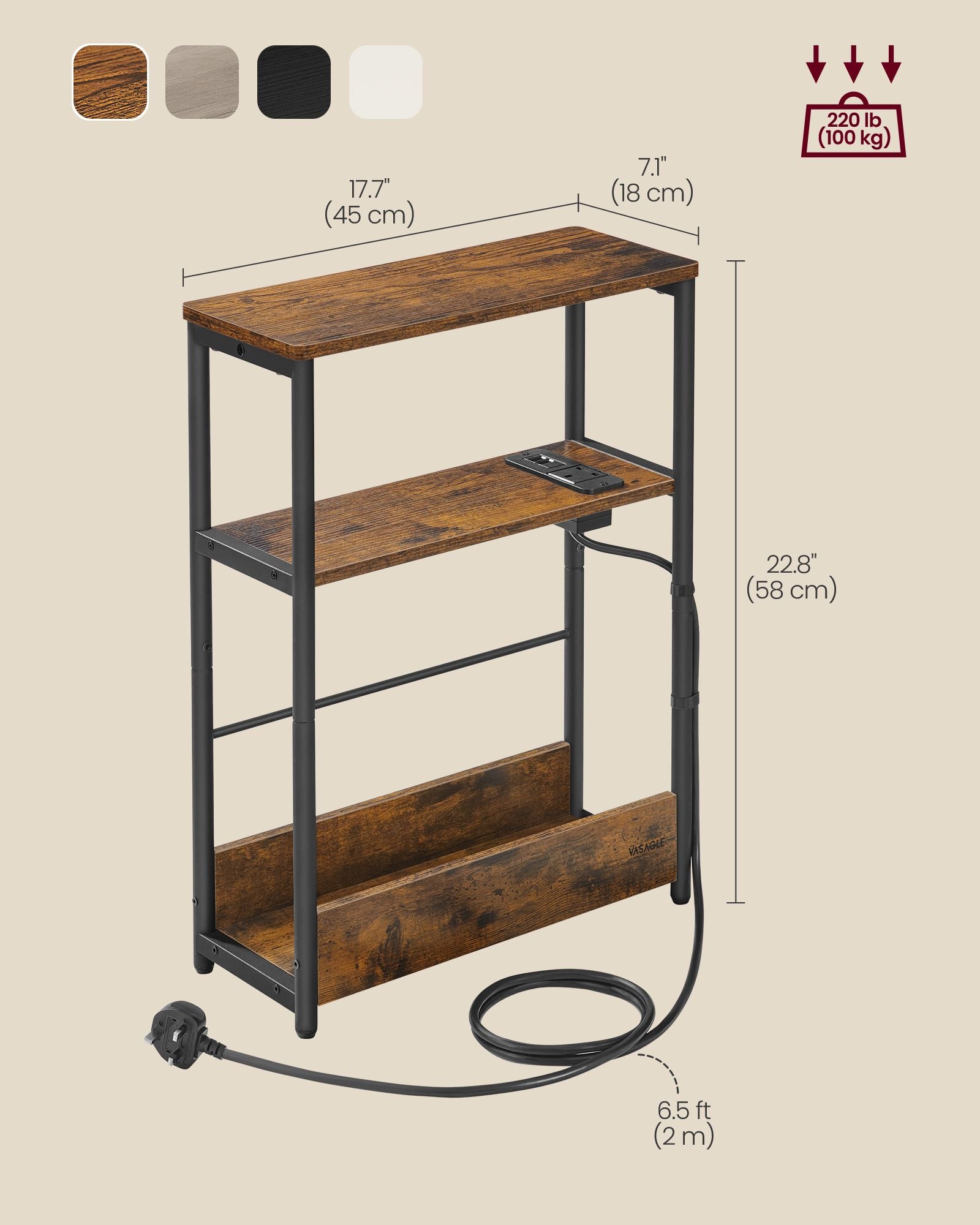 3-Tier Slim Side Table – Wood – Rustic Brown and Ink Black – Includes Charging Station and Magazine Rack