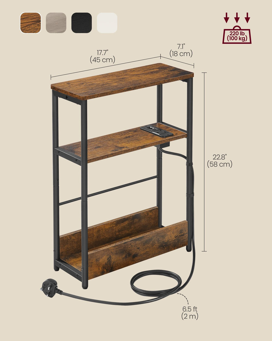 3-Tier Slim Side Table – Wood – Rustic Brown and Ink Black – Includes Charging Station and Magazine Rack