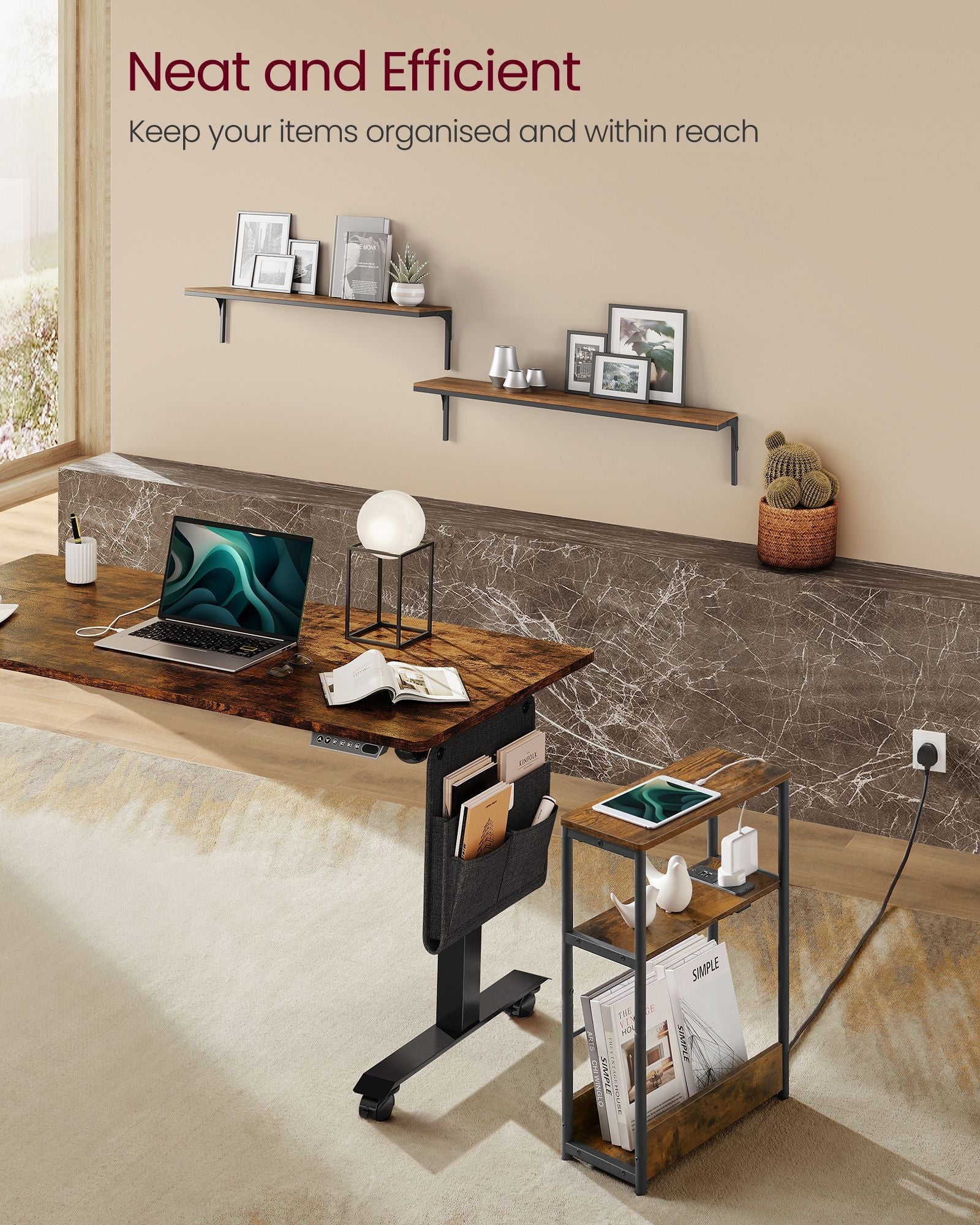 3-Tier Slim Side Table – Wood – Rustic Brown and Ink Black – Includes Charging Station and Magazine Rack