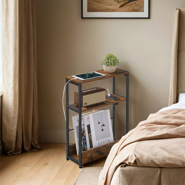 3-Tier Narrow Bedside Table – Wood – Brown – Compact Design with Charging Station and Magazine Rack