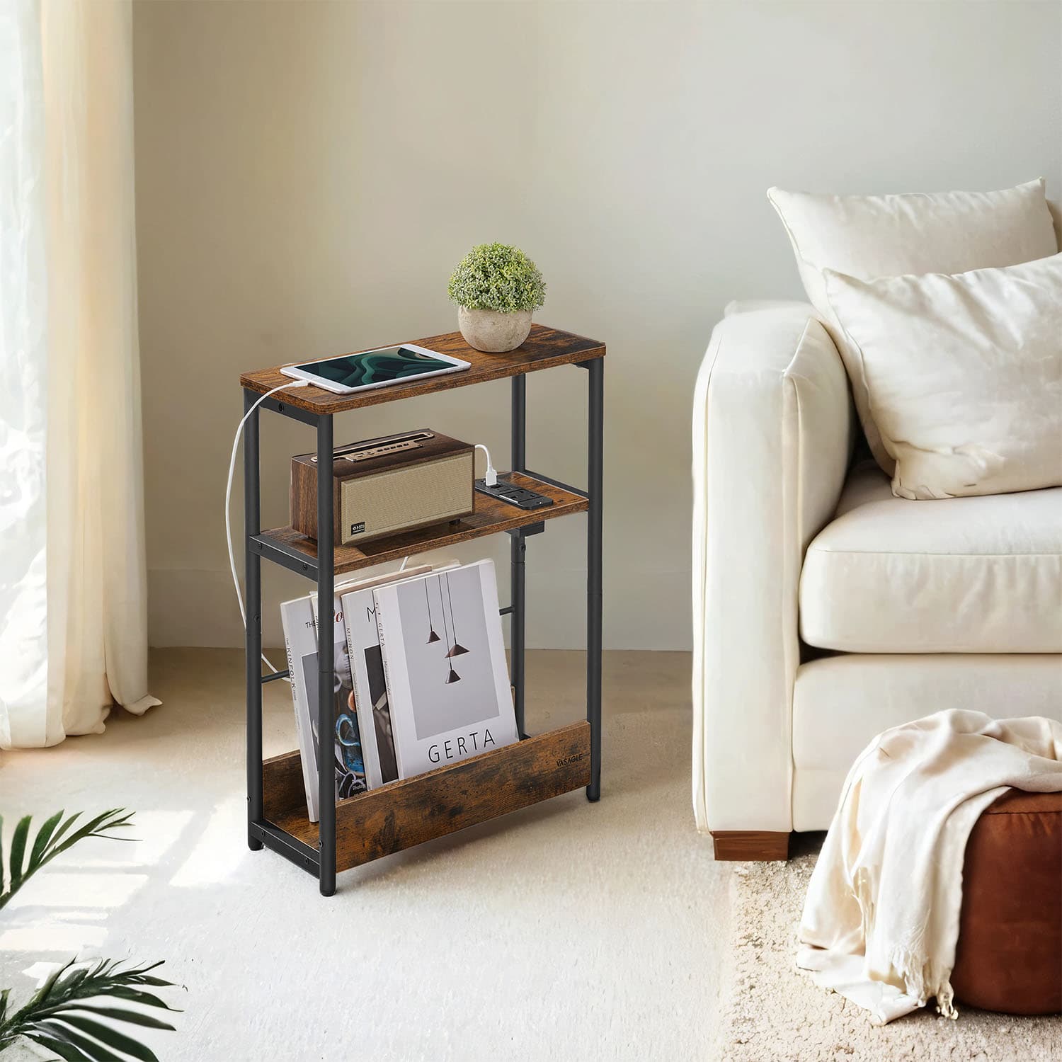 3-Tier Narrow Bedside Table – Wood – Brown – Compact Design with Charging Station and Magazine Rack