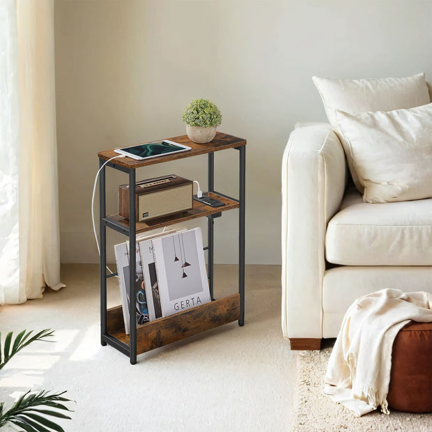 3-Tier Narrow Bedside Table – Wood – Brown – Compact Design with Charging Station and Magazine Rack