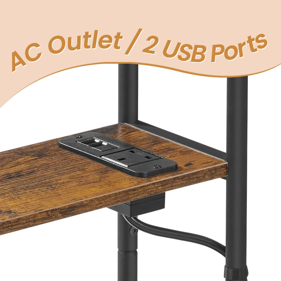 3-Tier Narrow Bedside Table – Wood – Brown – Compact Design with Charging Station and Magazine Rack