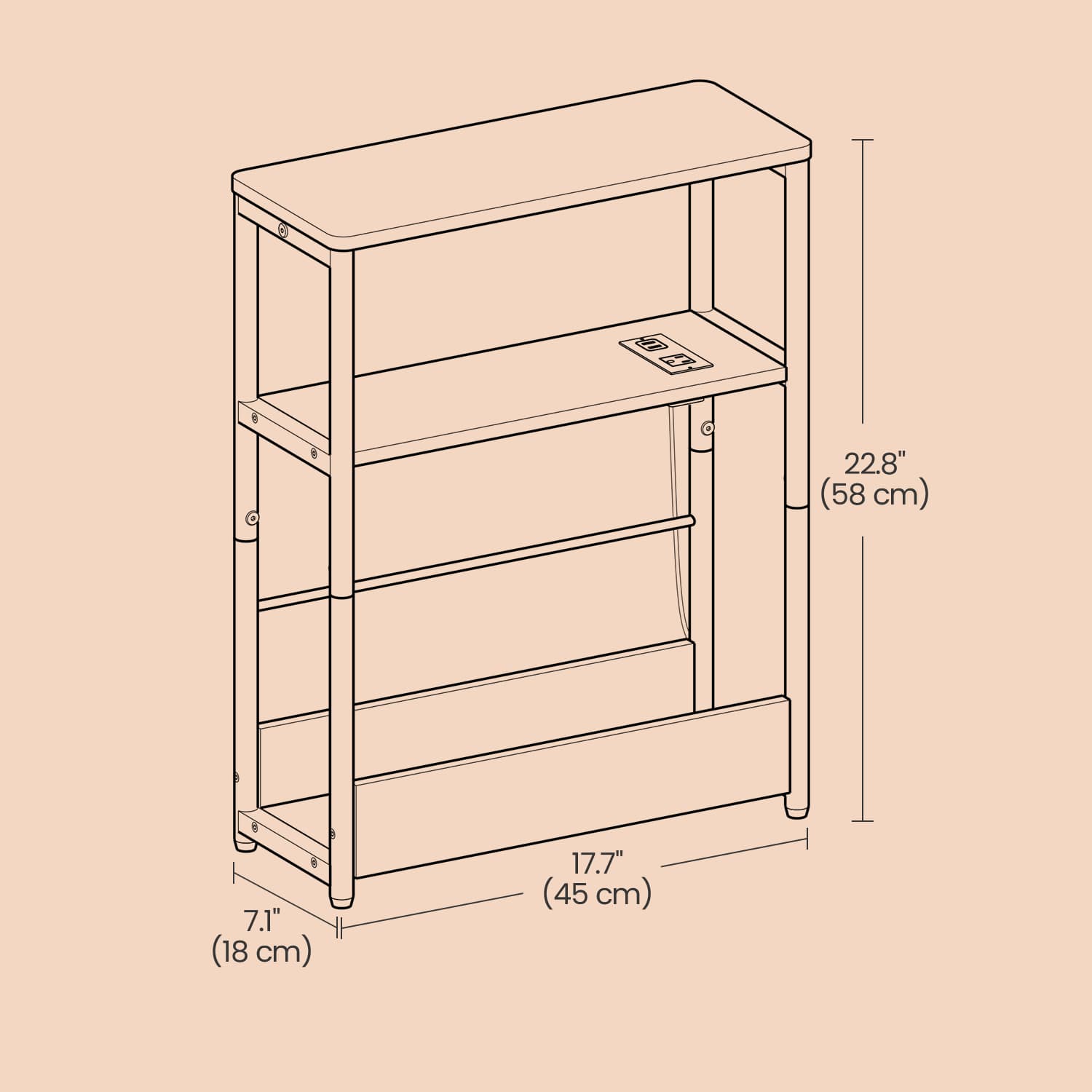 3-Tier Narrow Bedside Table – Wood – Brown – Compact Design with Charging Station and Magazine Rack