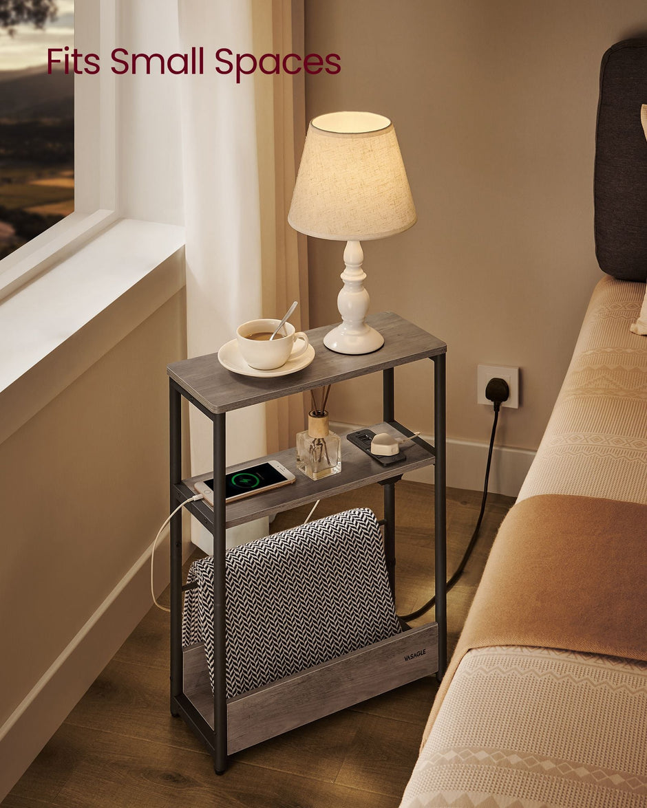 3-Tier Side Table – Wood – Heather Greige and Ink Black – Charging Station and Magazine Rack