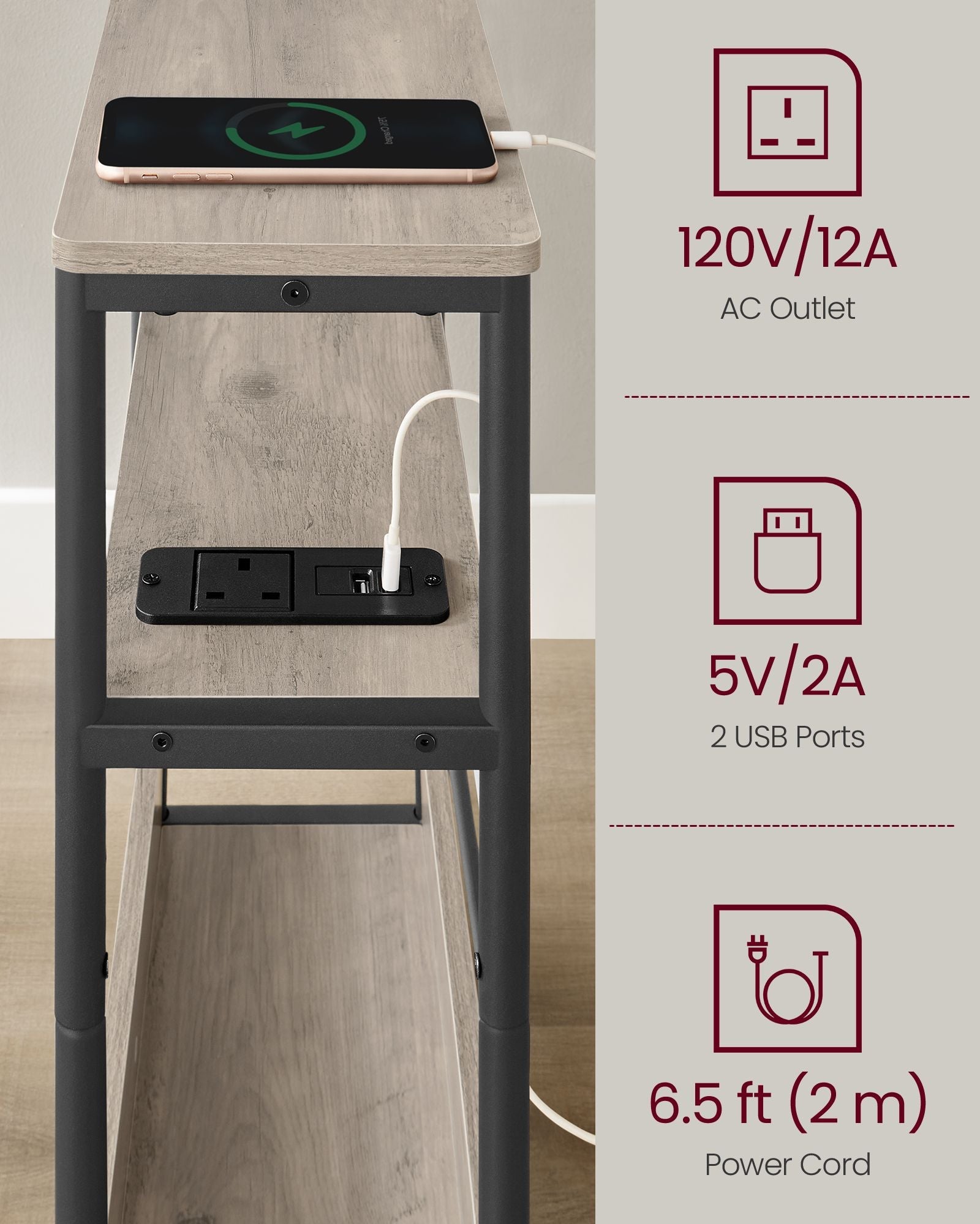 3-Tier Side Table – Wood – Heather Greige and Ink Black – Charging Station and Magazine Rack