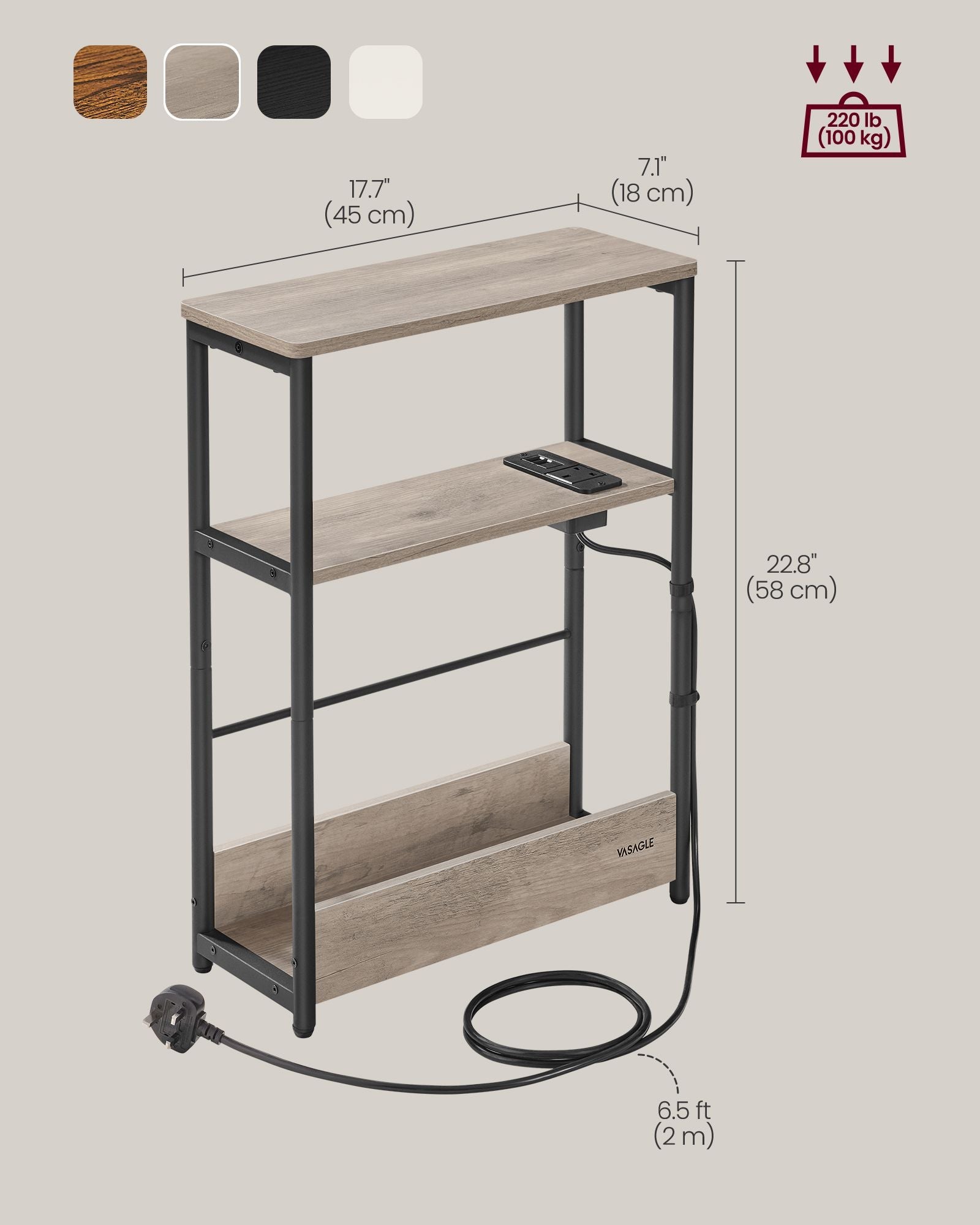 3-Tier Side Table – Wood – Heather Greige and Ink Black – Charging Station and Magazine Rack